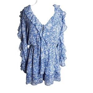 ZARA Romper Blue & White Floral Ruffles Size L